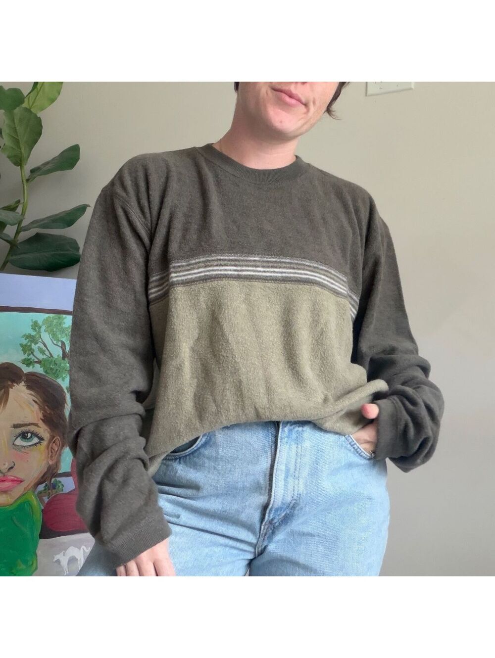 Vintage 90s green striped sweater Olive colorblock